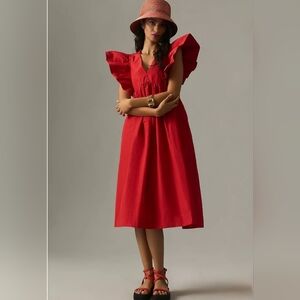 Maeve Red Midi Dress with Statement Ruffled Sleeves